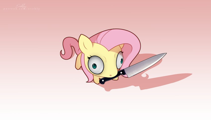 blue_eyes female feral hair humor knife mouth_hold pink_hair shadow solo yellow_body evehly friendship_is_magic hasbro my_little_pony fluttershy_(mlp) equid equine mammal absurd_res hi_res