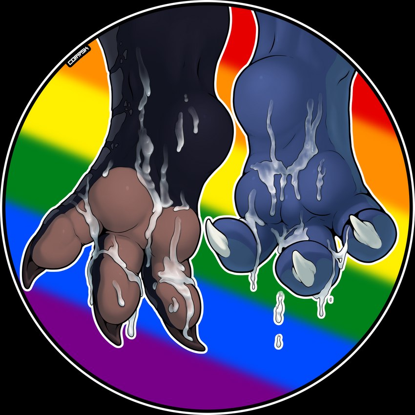 3_toes ambiguous_gender anthro bodily_fluids claws connected_pawpads cum cum_on_feet duo feet foot_fetish foot_focus genital_fluids lgbt_pride paws plantigrade pride_color_background pride_colors rainbow_pride_colors simple_background six-stripe_rainbow_pride_colors soles toe_claws toes corrsk mythology avian dragon mythological_creature mythological_scalie scalie 1:1 alpha_channel digital_media_(artwork) hi_res