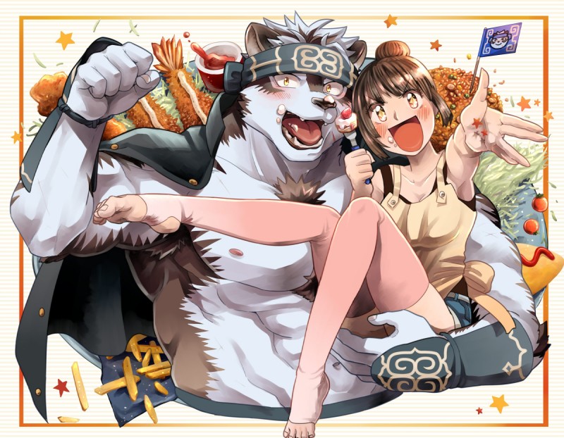 5_fingers abs anthro biceps brown_body brown_fur brown_hair clothed clothing coat_cape duo female fingers fur hair humanoid_hands male multicolored_body multicolored_fur muscular muscular_male pecs tattoo tied_hair topless two_tone_body two_tone_fur white_body white_fur sumiwohakuneko lifewonders tokyo_afterschool_summoners female_protagonist_(tas) horkeu_kamui_(tas) protagonist_(tas) canid canine canis human mammal wolf hi_res