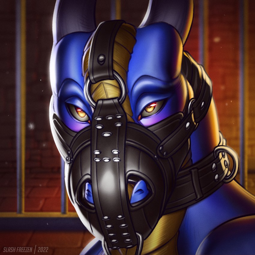 ambiguous_gender black_collar blue_body blurred_background blush collar glistening glistening_eyes grey_horn horn inside muzzle_(object) muzzled narrowed_eyes scales solo yellow_body yellow_eyes yellow_scales slash_freezen mythology sabredragon dragon mythological_creature mythological_scalie scalie 1:1 2022 artist_name bust_portrait dated icon portrait