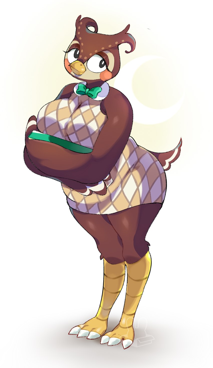 anthro big_breasts big_butt bow_tie breasts brown_body butt clothing crossgender eyelashes female green_bow_tie long_eyelashes looking_at_viewer simple_background slightly_chubby solo standing sweater sweater_vest tight_clothing topwear vest white_background wide_hips bunsiebox animal_crossing nintendo blathers_(animal_crossing) avian bird owl 2020 absurd_res full-length_portrait hi_res portrait signature