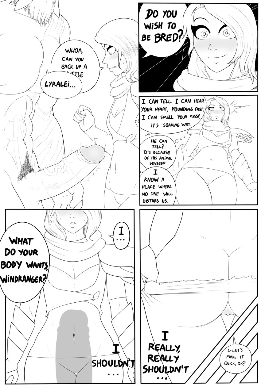 blush breasts butt camel_toe clothing dialogue female larger_male male muscular muscular_male size_difference smaller_female text undressing redboard dota valve karroch_the_beastmaster lyralei_the_windranger human mammal absurd_res comic english_text hi_res monochrome