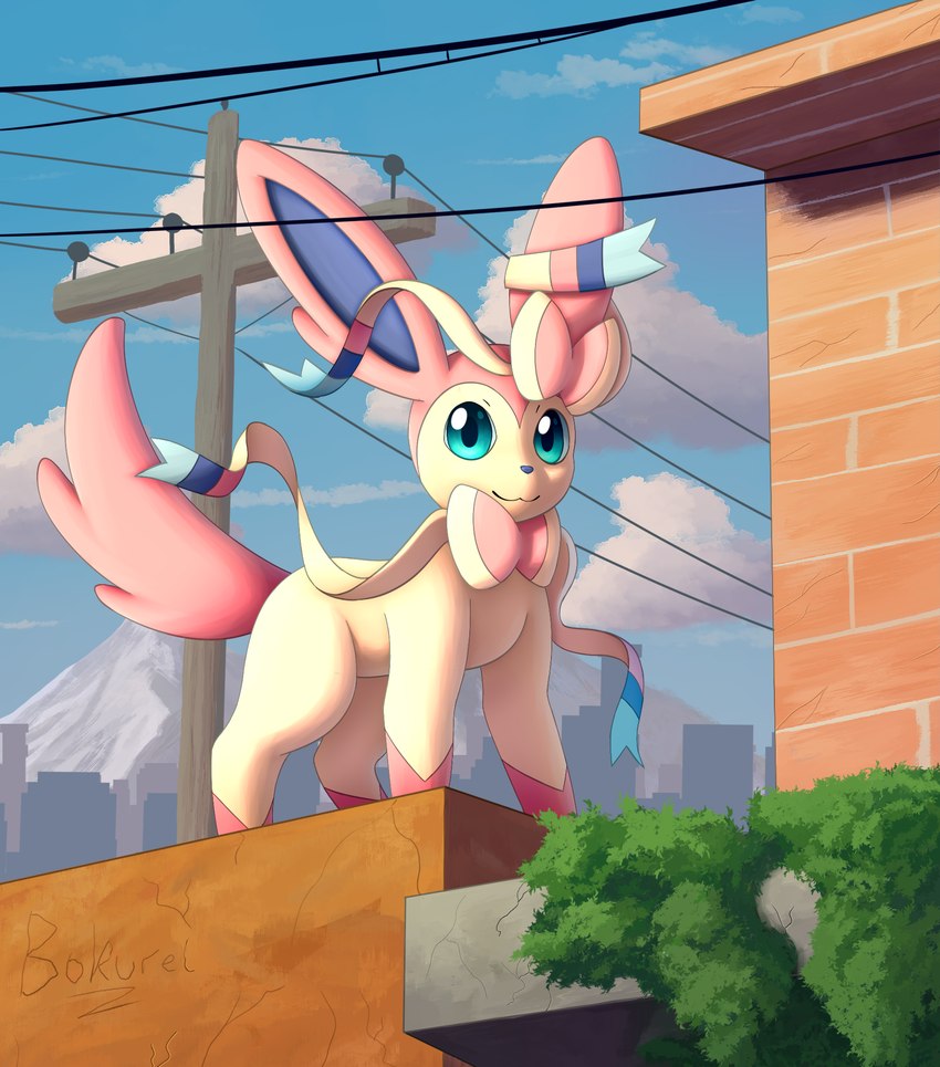 :3 ambiguous_gender big_ears blue_eyes blue_nose blue_sky brick building city cloud cracks day detailed_background feral leg_markings looking_at_viewer low-angle_view markings mountain outside ribbons_(anatomy) silhouette sky skyline skyscraper socks_(marking) solo utility_pole bokurei nintendo pokemon eeveelution generation_6_pokemon pokemon_(species) sylveon 2023 full-length_portrait hi_res portrait redraw