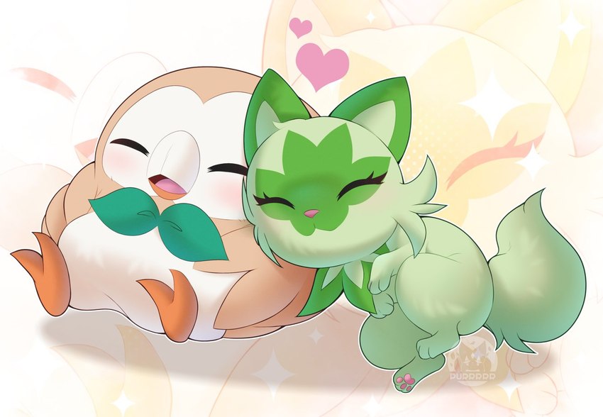 brown_body duo female feral green_body heart_symbol male sleeping sleeping_together purrynx queenpurr nintendo pokemon generation_7_pokemon generation_9_pokemon pokemon_(species) rowlet sprigatito