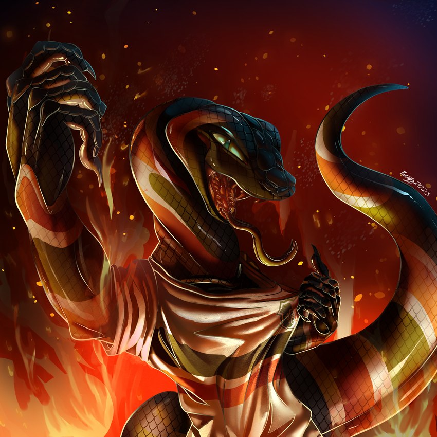 anthro clothing fire fire_background jersey_only male multicolored_body open_mouth pose soccer_jersey soccer_uniform solo sportswear tongue tongue_out uniform laylasharko santa_cruz coral_snake elapid_(snake) reptile scalie snake 1:1 absurd_res hi_res pinup