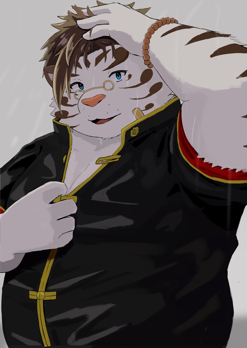 anthro asian_clothing belly bracelet chinese_clothing clothing east_asian_clothing eyebrows eyewear fur glasses jewelry male overweight solo striped_body striped_fur stripes thick_eyebrows white_body white_fur 9dtq0 lifewonders tokyo_afterschool_summoners licho_(tas) felid mammal pantherine tiger absurd_res hi_res