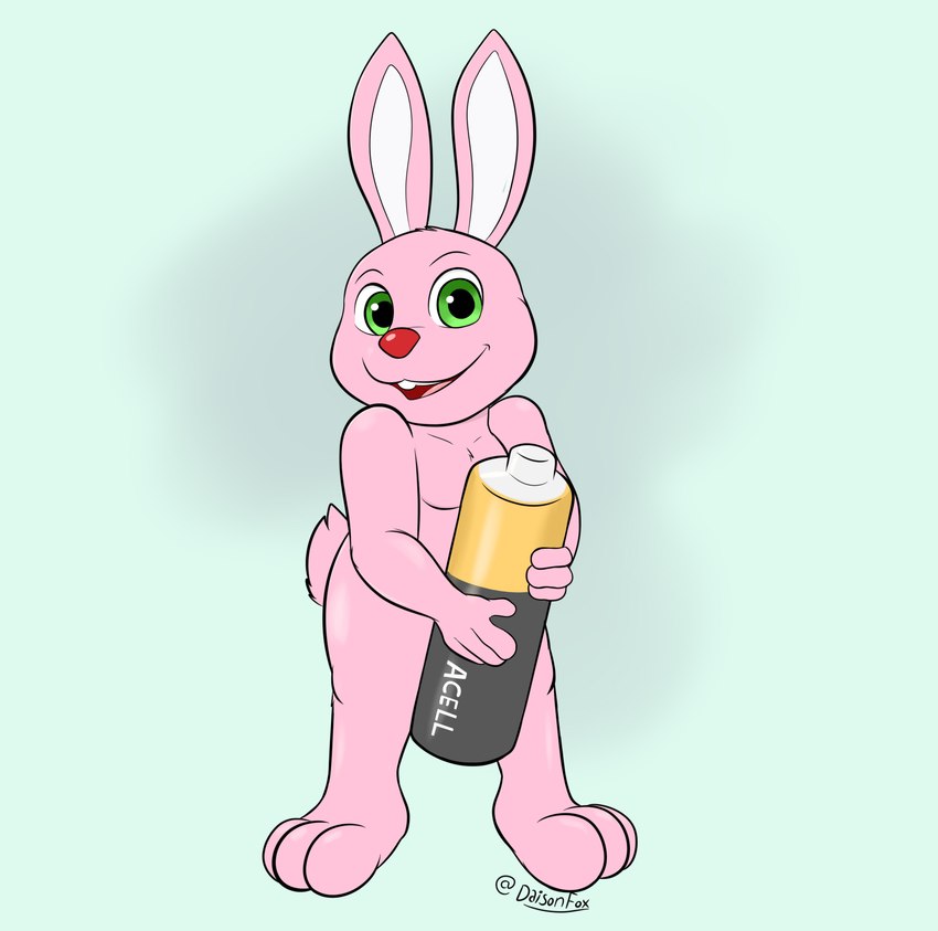 anthro battery fur green_eyes looking_at_viewer male mascot nude pink_body pink_fur simple_background solo daison_the_fox duracell duracell_bunny lagomorph leporid mammal rabbit hi_res