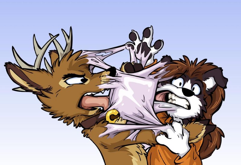 anthro duo fur furry_problems glue hair humor male open_mouth sticky stuck surprise tongue tirrel sirod_(character) tirrel_(tirrel) border_collie canid canine canis collie deer domestic_dog herding_dog mammal pastoral_dog sheepdog 2014