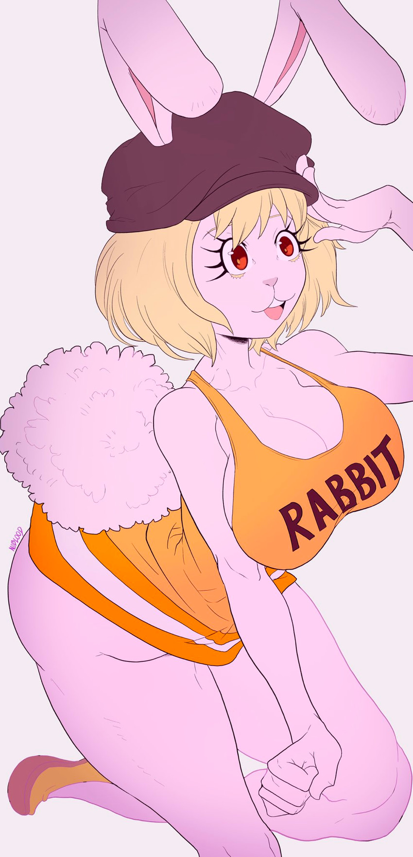 anthro big_breasts blonde_hair breasts cleavage clothed clothing female fully_clothed hair hat headgear headwear kneeling simple_background solo white_background noblood one_piece carrot_(one_piece) lagomorph leporid mammal minkmen_(one_piece) rabbit hi_res