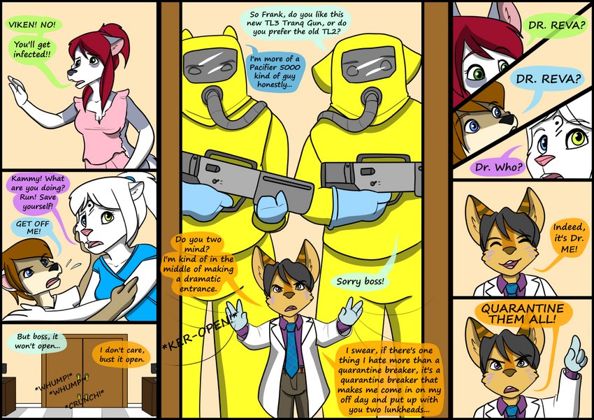 anthro biped bottomwear clothing detailed_background dialogue eyes_closed female fur group hair male pants shirt speech_bubble standing text topwear kammypup_(artist) kammypup viken_welopl canid canine fennec_fox fox mammal true_fox 2019 comic english_text