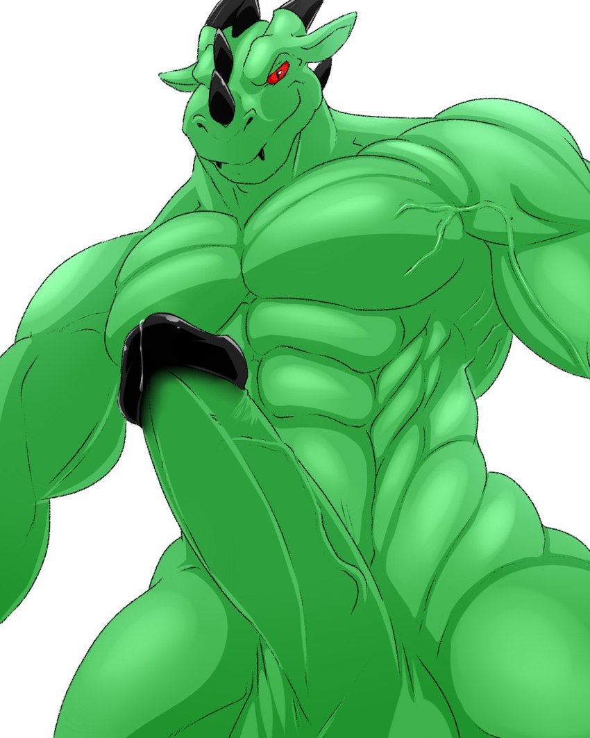 abs anthro balls biceps big_muscles bodily_fluids casual_erection claws clothed clothing erection genital_fluids genitals green_body green_scales horn looking_at_viewer male manly muscular muscular_anthro muscular_male nude pecs penis precum proud red_eyes scales smile solo teeth topless vein abrahamsillo mythology varanis_blackclaw dragon lizard mythological_creature mythological_scalie reptile scalie 4:5 hi_res