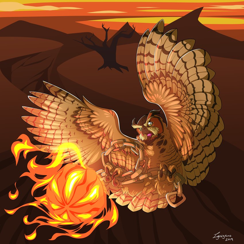 ambiguous_gender brown_body brown_feathers chain detailed_background feathers feet feral fire flail flying melee_weapon open_mouth orange_background outside plant simple_background sky solo talons toes tree weapon ignigeno guardians_of_ga'hoole bubo_(gogh) avian bird great_horned_owl horned_owl owl true_owl 1:1 2019 cel_shading digital_drawing_(artwork) digital_media_(artwork) hi_res shaded signature