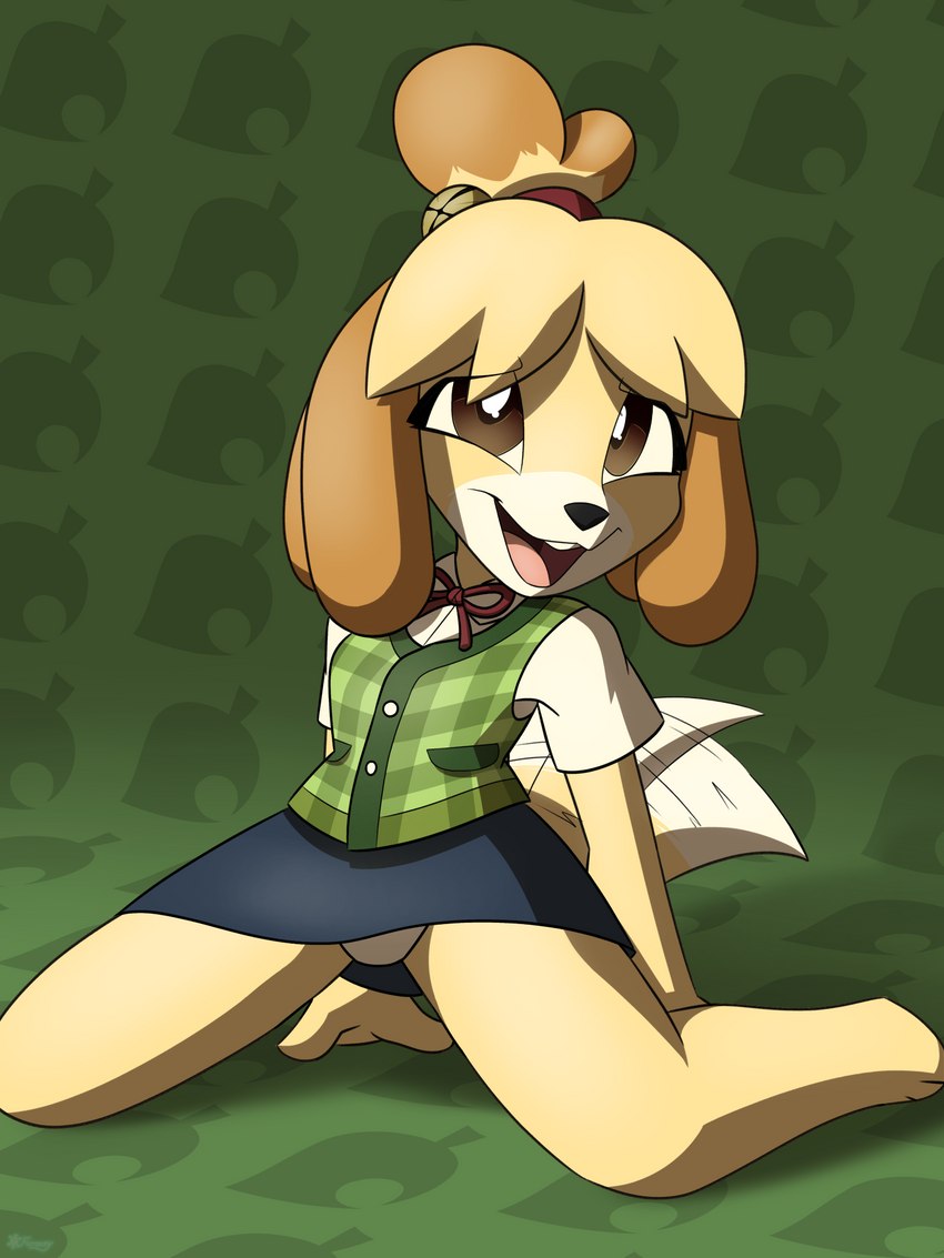 anthro bell bottomwear cardigan clothed clothing female fur hair kneeling leaning leaning_backward looking_at_viewer monotone_bottomwear monotone_clothing monotone_skirt panties simple_background skirt solo sweater topwear underwear vest yellow_body yellow_fur xypherdraws animal_crossing nintendo isabelle_(animal_crossing) canid canine canis domestic_dog mammal shih_tzu toy_dog 3:4 digital_media_(artwork) hi_res signature