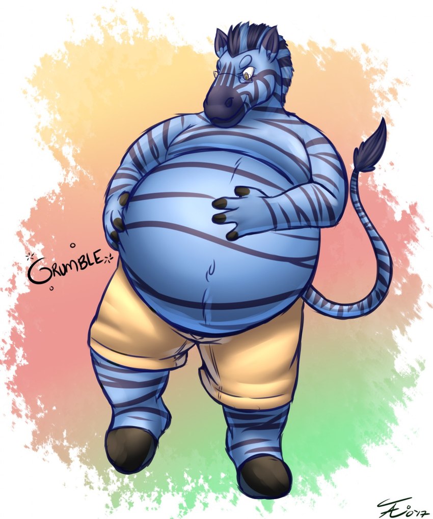 4_fingers anthro belly big_belly blue_body blue_stripes bottomwear clothing digestion digestion_noises eyewear featureless_chest fingers glasses holding_belly hooves huge_belly male navel obese obese_anthro overweight overweight_anthro shirtless_male shorts simple_background solo stripes tail tail_tuft toony tuft tanio equid equine mammal zebra 2017 digital_media_(artwork) hi_res