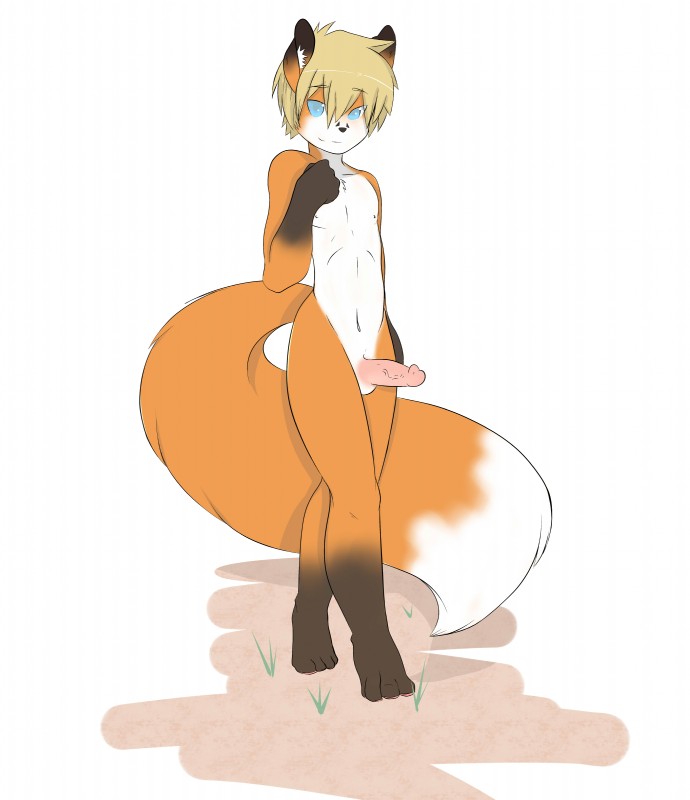 anthro balls biped blonde_hair blue_eyes erection femboy fur genitals grass hair looking_at_viewer male orange_body orange_fur penis plant smile solo standing softcream tycloud canid canine fox mammal absurd_res hi_res