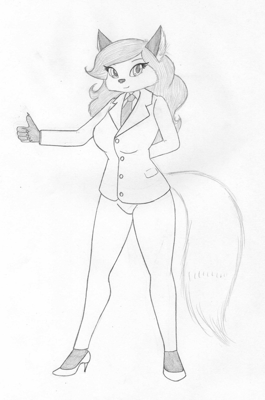 anthro bottomwear clothing female footwear high_heels necktie pants shoes solo suit sinaherib eliza_gardis canid canine fox mammal red_fox true_fox absurd_res hi_res monochrome traditional_media_(artwork)