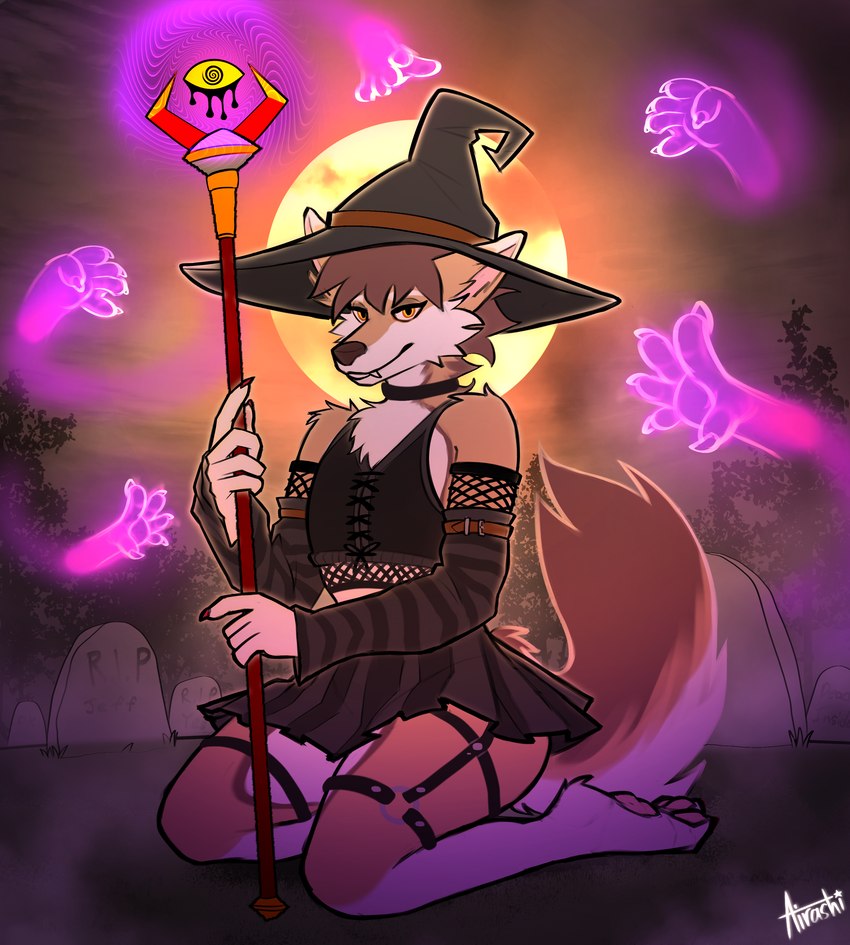 anthro clothing disembodied_hand femboy ghost_hand hat headgear headwear holidays magic_user male solo witch witch_costume witch_hat airashinsfw halloween neslo_(airashinsfw) canid canine canis fox hybrid mammal wolf absurd_res hi_res