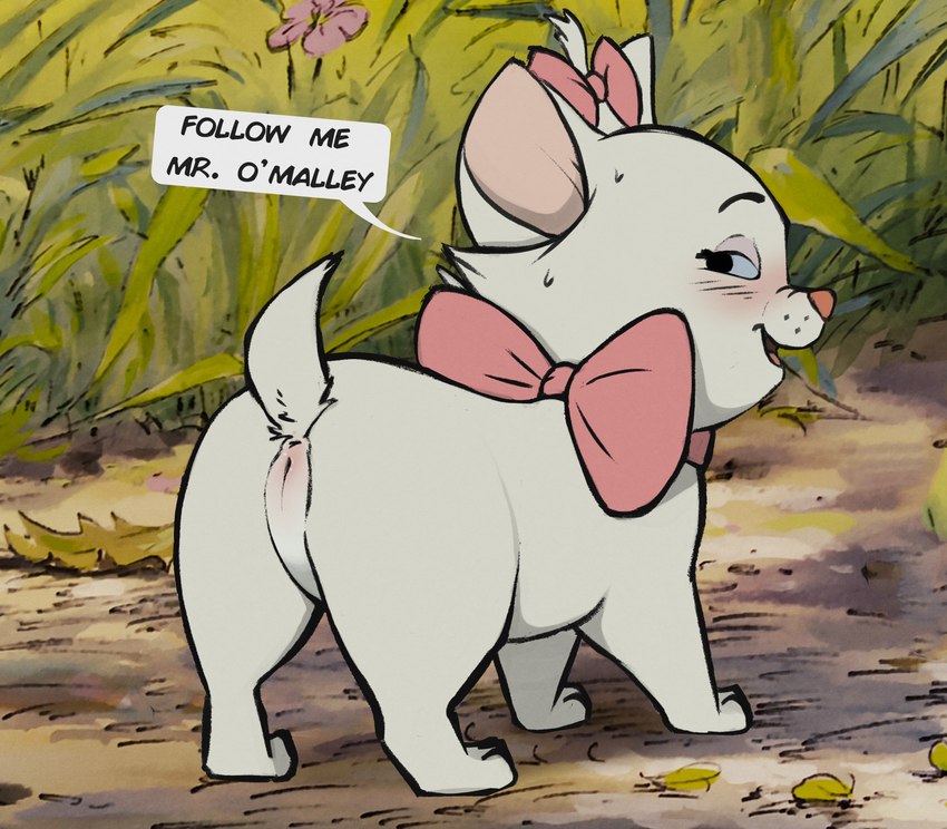 bow_ribbon butt dialogue female feral fur genitals pussy solo white_body white_fur young comatose disney the_aristocats marie_(aristocats) domestic_cat felid feline felis mammal 2024 hi_res