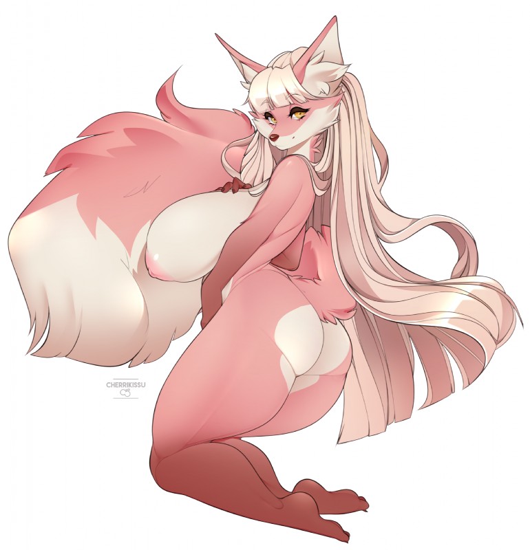 anthro areola barefoot big_breasts biped breasts butt claws feet female hair hindpaw huge_breasts long_hair looking_at_viewer nipples nude paws side_view simple_background smile solo text thick_thighs toe_claws toes white_background yellow_eyes cherrikissu loyse canid canine fennec_fox fox mammal true_fox 2018 digital_media_(artwork) hi_res