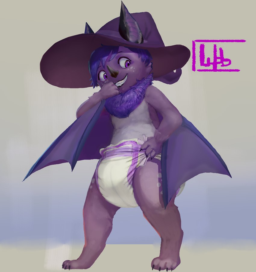 anthro chest_tuft claws clothed clothing diaper digitigrade female grin hand_on_hip hand_to_mouth hat headgear headwear looking_aside looking_down magic_user paws smile solo standing teeth tuft wearing_diaper winged_arms wings witch witch_hat wob aurora_the_bat bat mammal absurd_res hi_res