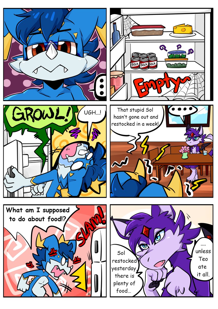 6_panel_comic anthro appliance blue_body blue_eyes casual_nudity dialogue duo food fridge hair kitchen kitchen_appliance male onomatopoeia purple_body red_eyes sitting sound_effects standing tail text toony pandasisters bandai_namco digimon mythology fan_character janus_the_dorumon yami_the_veemon digimon_(species) dorumon dragon fanmon mythological_creature mythological_scalie reptile scalie veemon x-digimon absurd_res comic english_text hi_res