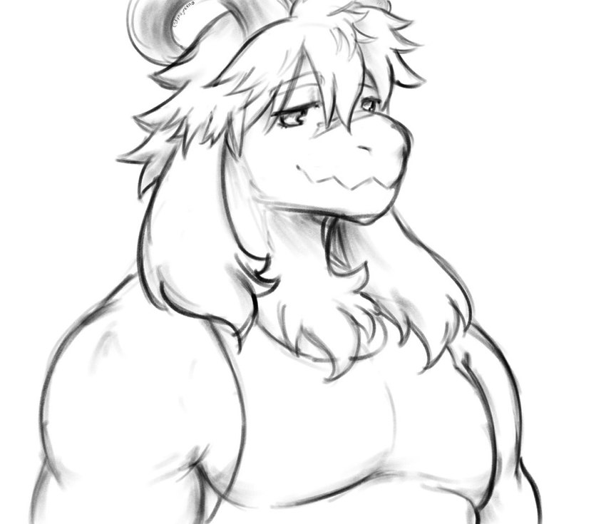 anthro clothing fur hair male messy_hair pecs shirt smile solo tank_top topwear white_body dynogreeno dragon_island katsushika_yoshihide animal_humanoid bovid bovid_humanoid caprine humanoid hybrid mammal mammal_humanoid monochrome