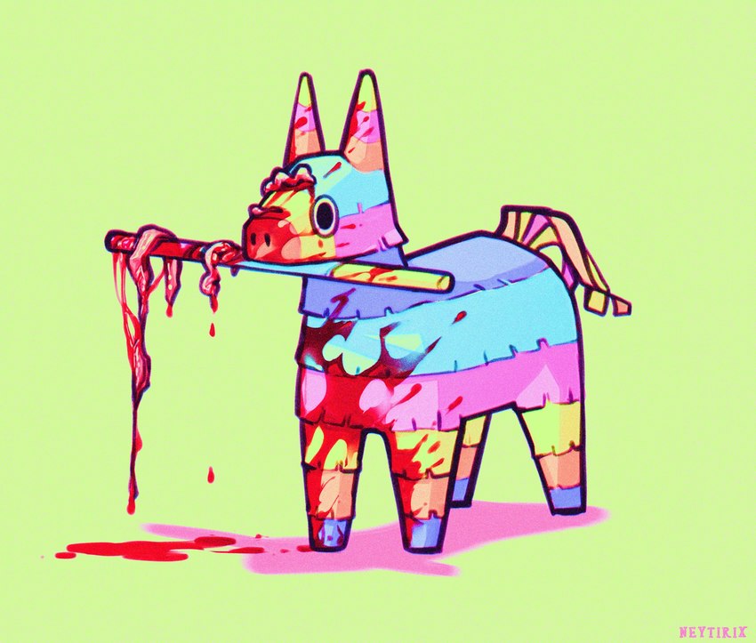 all_fours ambiguous_gender blood blood_on_face bodily_fluids feral gore green_background killing pinata shadow simple_background solo splatter standing neytirix animate_inanimate equid equine horse living_pinata mammal 2021 digital_media_(artwork) hi_res