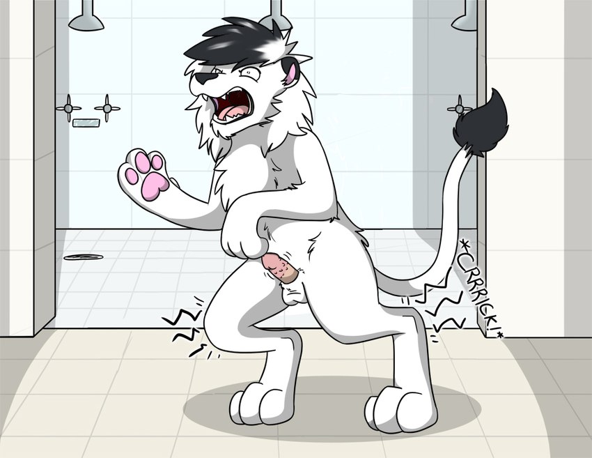 animal_genitalia animal_penis anthro anthro_to_feral balls bathroom biped black_body black_fur black_nose crouching digitigrade feline_genitalia feline_penis floor fur genitals male mane mid_transformation motion_lines nude onomatopoeia open_mouth pawpads paws penis pink_pawpads solo sound_effects standing tail text tile tile_floor transformation tuft white_body white_fur fox0808 felid lion mammal pantherine 2014 colored english_text