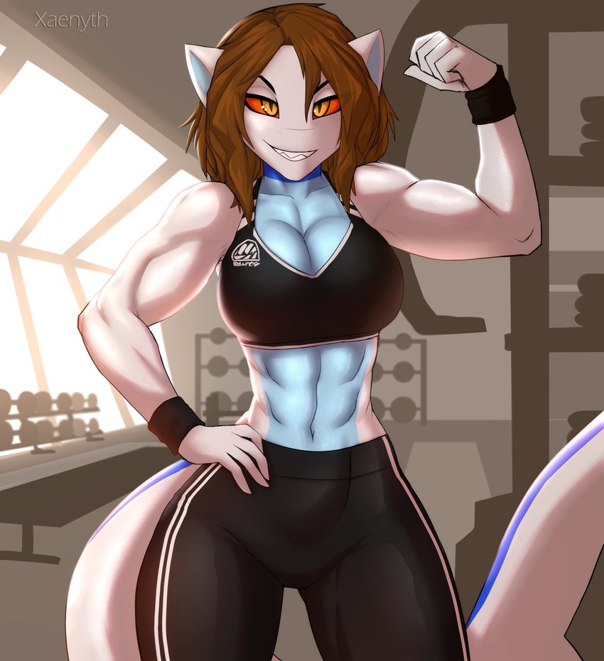 abs anthro breasts brown_hair clothed clothing detailed_background female flexing front_view gym hair looking_at_viewer muscular muscular_female navel non-mammal_breasts sharp_teeth solo standing teeth xaenyth melodey fish marine shark 2021 digital_media_(artwork) hi_res