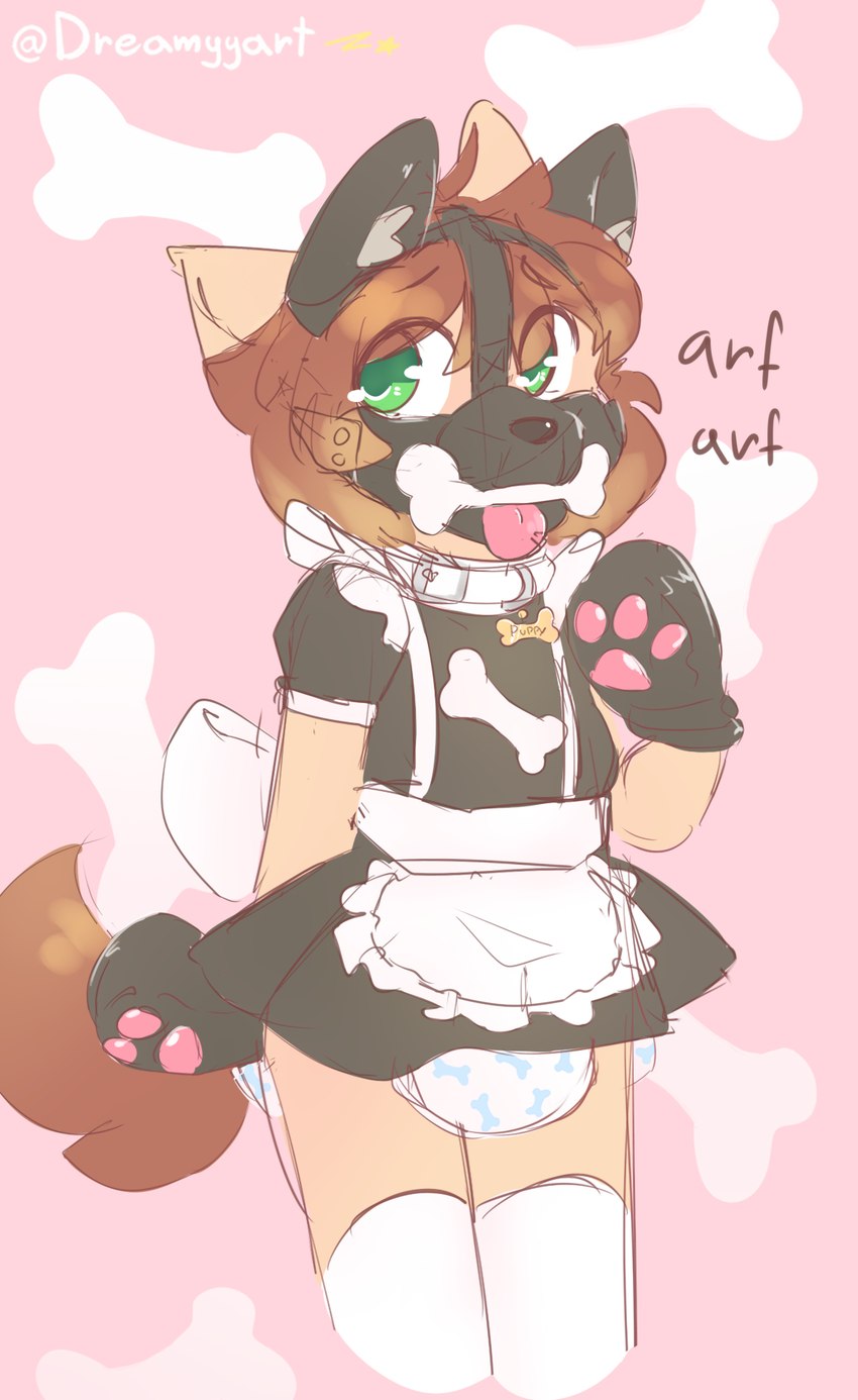 ambiguous_gender anthro barking bdsm biped blep bone bone_gag bottomwear brown_hair brown_outline brown_tail clothed clothing collar collar_tag crossdressing diaper fake_dog_ears fake_ears fur gag gloves green_eyes hair handwear ironic_fake_ears legwear looking_aside maid_uniform mittens muzzle_(object) outline paw_gloves petplay pink_background puppyplay roleplay simple_background skirt solo standing stockings tail tail_under_skirt tan_body tan_fur text thigh_highs tongue tongue_out translucent translucent_hair uniform wearing_diaper young young_ambiguous young_anthro dreamyart flexy_(dreamyart) canid canine canis domestic_cat domestic_dog felid feline felis hybrid mammal 2022 digital_media_(artwork) english_text guide_lines hi_res portrait signature sketch three-quarter_portrait