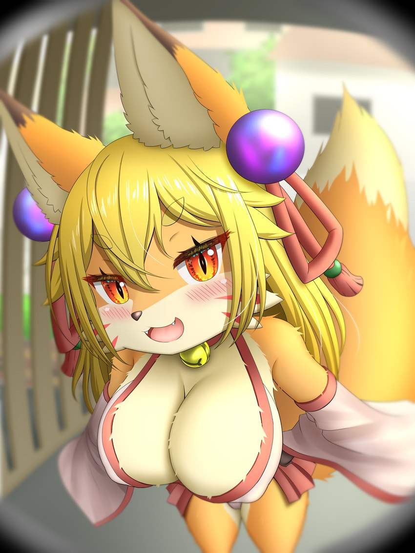 anthro asian_clothing bell bell_collar big_breasts blonde_hair blush breasts brown_body brown_fur cheek_tuft cleavage clothed clothing collar cute_fangs dipstick_ears dipstick_tail ear_markings east_asian_clothing facial_markings facial_tuft fangs female female_anthro fisheye_lens fur hair happy head_markings inner_ear_fluff japanese_clothing kemono looking_at_viewer markings miko_outfit multicolored_body multicolored_ears multicolored_fur nipple_outline open_mouth open_smile orange_body orange_fur peephole pupils slit_pupils smile solo tail tail_markings teeth tongue tuft white_body white_fur faroula komali_(faroula) canid canine fox mammal 3:4 absurd_res hi_res translated_description