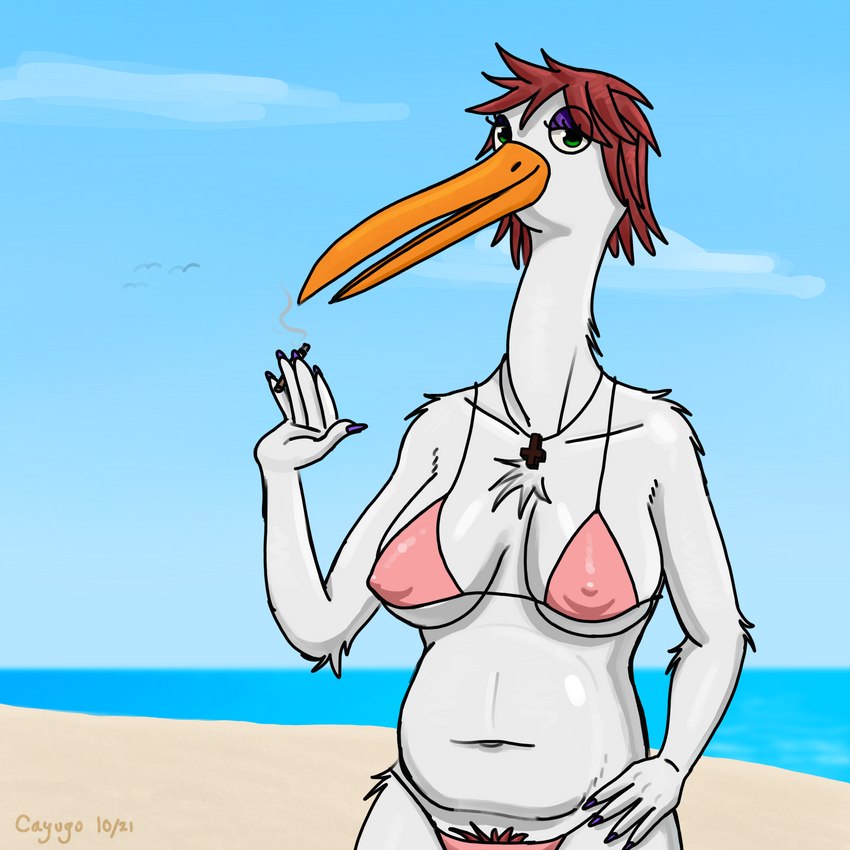 5_fingers anthro beach beak belly big_belly big_breasts bikini bikini_bottom bikini_top breasts cigarette cigarette_smoke clothed clothing cloud colored_nails cross eyelashes eyeshadow feathers female fingers green_eyes hair half-closed_eyes hand_on_hip long_nails looking_at_viewer makeup nails narrowed_eyes navel nipple_outline non-mammal_breasts open_mouth orange_beak palm_up potbelly pube_peek pubes purple_eyeshadow raised_hand red_hair red_pubes religion sand sea seaside sky smile smoke smoking solo swimwear two-piece_swimsuit water white_body white_feathers cayugo stephanie_(cayugo) avian bird stork 1:1 absurd_res cel_shading hi_res shaded