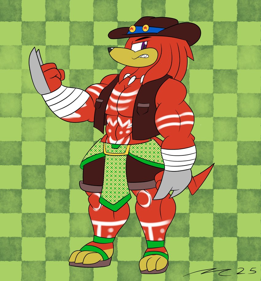 anthro clothing fur hair hat headgear headwear male male_anthro purple_eyes red_body red_fur red_hair topwear vest dirtymac mac-daddy sega sonic_the_hedgehog_(series) knuckles_the_echidna echidna mammal monotreme absurd_res hi_res