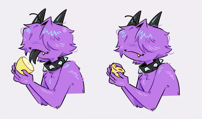 2_panel_comic anthro collar eyeless food forked_tongue fruit hair humor lemon licking plant smile snaggle_tooth solo spiked_collar spikes tongue pur-fox pur-fox_(character) unknown_species hi_res