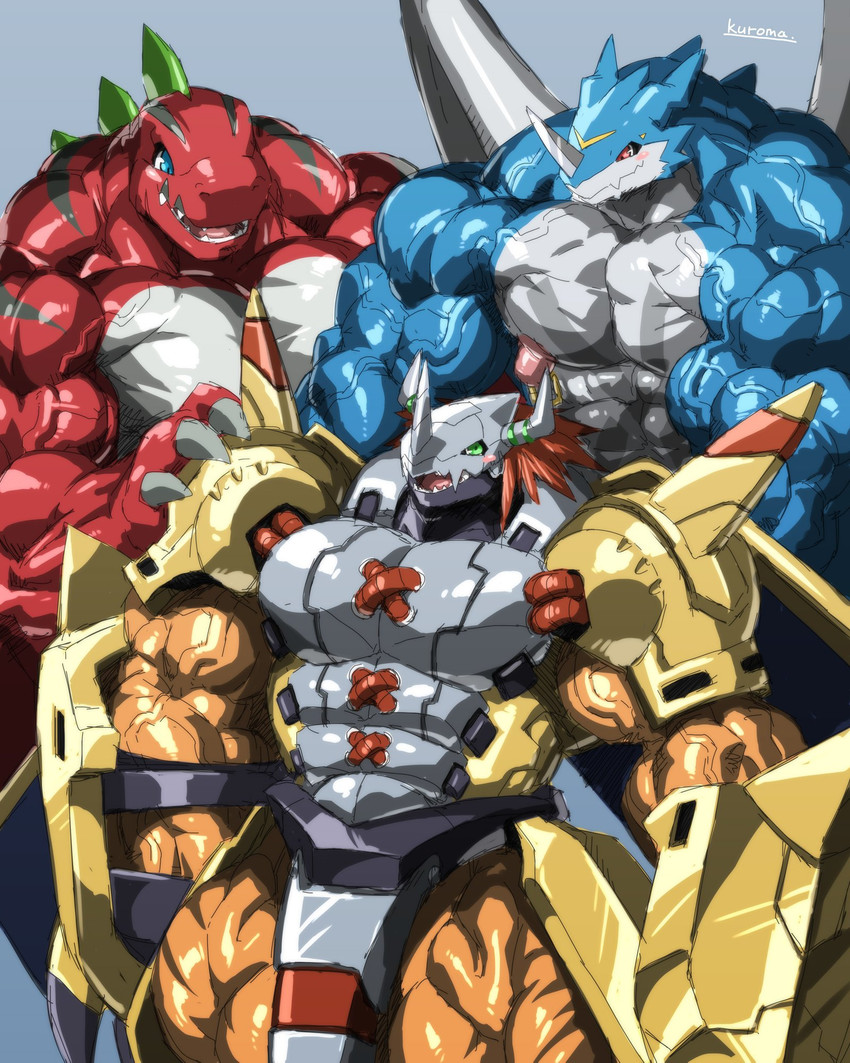 anthro armor big_muscles countershading group huge_muscles male muscular muscular_male nipple_piercing nipple_ring nipples nude piercing ring_piercing smile vein veiny_muscles kuroma bandai_namco digimon digimon_(species) exveemon tyrannomon wargreymon 4:5 hi_res