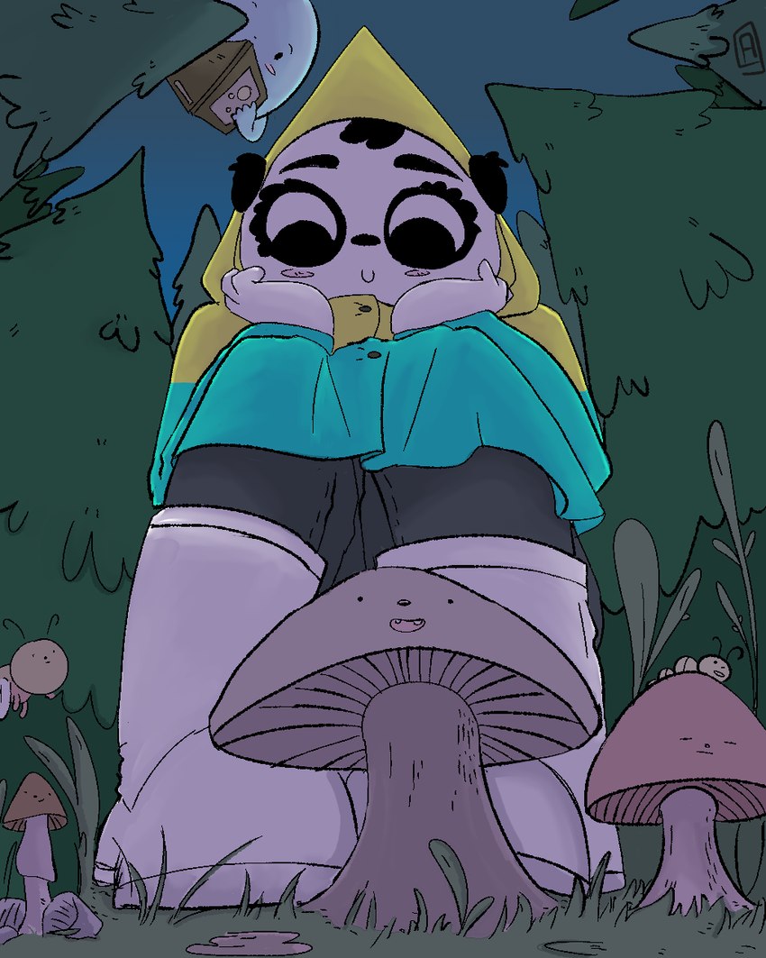 anthro blush blush_stickers book boots bottomwear clothing coat footwear fungus grass hand_on_cheek logo looking_at_another low-angle_view moon moon_(sci) mushroom nature night outside pants plant raincoat shoes simple_eyes sky topwear frei98 cartoon_network summer_camp_island pepper_corn animate_inanimate arthropod bear giant_panda insect mammal 4:5 artist_logo hi_res male_(lore)