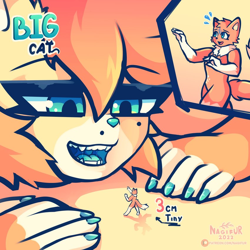 anthro biped blue_eyes condescending duo eye_contact femboy fur hair hunting imminent_vore looking_at_another looking_down macro male micro open_mouth predator/prey simple_background size_difference smile smug text nagifur nagi_(nagifur) pie_(the_piedude) felid feline mammal 1:1 absurd_res digital_media_(artwork) english_text hi_res