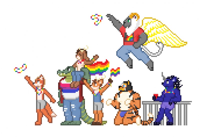 accessory alcohol anthro antlers bdsm beverage bisexual bisexual_pride_colors bottomwear bracelet cape carrying_another clothed clothing denim denim_bottomwear denim_clothing feathered_wings feathers female flag flag_(object) flag_cape flying group harness holding_flag holding_object horn jeans jewelry jockstrap jockstrap_only kneeling leaning lgbt_pride male male/male multicolored_bracelet multicolored_clothing multicolored_harness multicolored_jewelry multicolored_necklace multicolored_shirt multicolored_t-shirt multicolored_topwear necklace on_shoulder pants partially_clothed pattern_clothing petplay pixelated pride_color_accessory pride_color_bracelet pride_color_cape pride_color_clothing pride_color_flag pride_color_harness pride_color_jewelry pride_color_necklace pride_color_shirt pride_color_t-shirt pride_color_topwear pride_colors print_clothing puppyplay rainbow rainbow_arch rainbow_clothing rainbow_flag rainbow_jewelry rainbow_necklace rainbow_pride_colors rainbow_pride_flag rainbow_print rainbow_symbol roleplay shirt six-stripe_rainbow_pride_colors size_difference standing striped_clothing stripes t-shirt topless topwear torn_bottomwear torn_clothing torn_jeans torn_pants underwear underwear_only wearing_flag wings handlebarsprites mythology fox_claypaw marcus_the_daddigator oddball_(handlebarsprites) tom_cervo alligator alligatorid canid canine chimera crocodilian deer equid equine felid fox hybrid jackalope ki-rin lagomorph leporid lion mammal mythological_creature mythological_equine pantherine rabbit reptile scalie snake tiger unicorn digital_media_(artwork) pixel_(artwork)