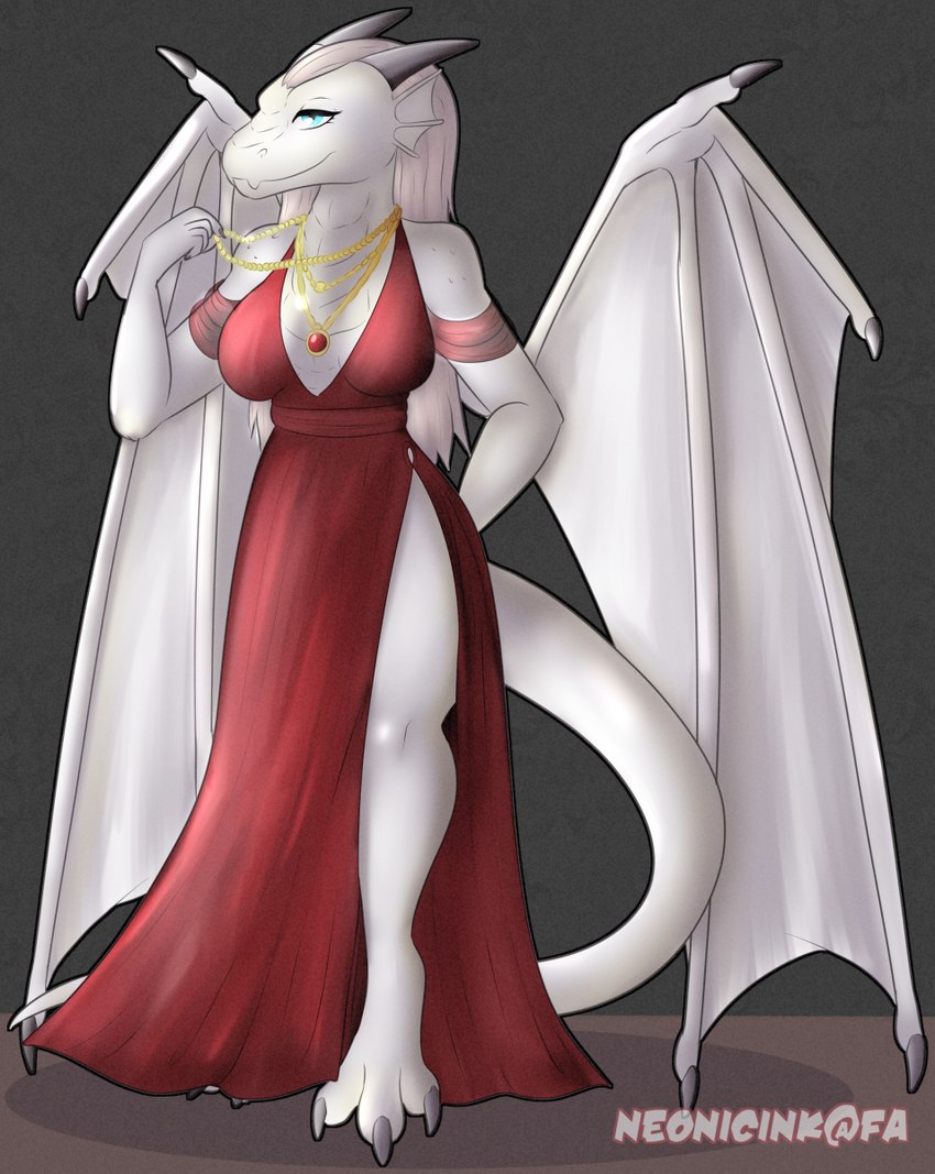 anthro bedroom_eyes clothing dress elegant evening_gown female hair hand_behind_back horn inner_boob jewelry narrowed_eyes plunging_neckline red_clothing red_dress seductive smile solo standing tail white_hair wings neonicink mythology selen_(elisonous) selen_dorfinian dragon mythological_creature mythological_scalie scalie hi_res