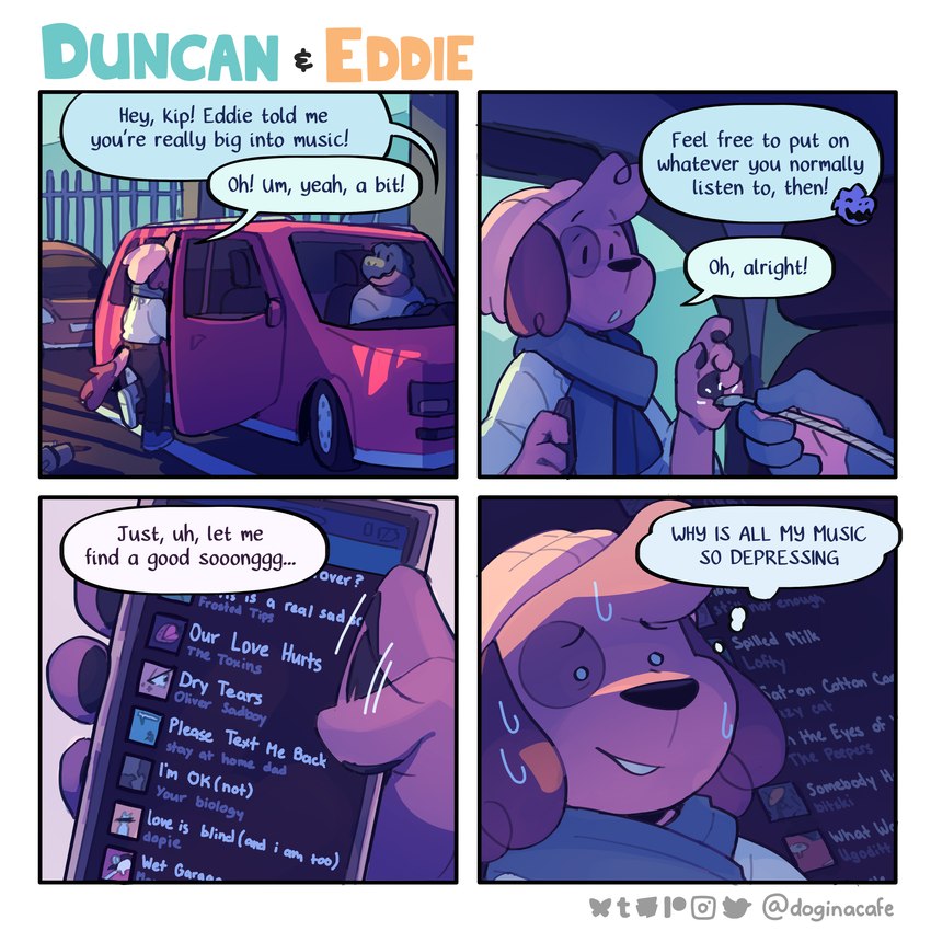 4_panel_comic anthro beanie bodily_fluids car clothing cord dialogue duo electronics hat headgear headwear holding_cord holding_object holding_phone inside_car inside_vehicle male nervous phone speech_bubble sweat text vehicle doginacafe spotify duncan_(doginacafe) kip_(doginacafe) canid canine canis crocodile crocodilian domestic_dog mammal reptile scalie 1:1 2024 absurd_res comic english_text hi_res