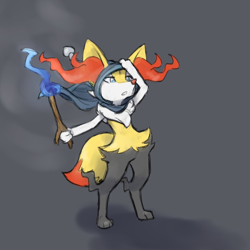 anthro black_body black_fur blue_eyes blue_fire colored_fire female fire fur hand_on_head holding_object holding_stick hood orange_body orange_fur solo stick yellow_body yellow_fur sealer4258 nintendo pokemon seal_(sealer4258) braixen generation_6_pokemon pokemon_(species) colored hi_res