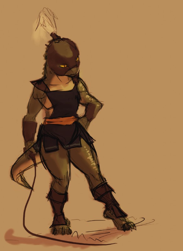 anthro armor bracers clothed clothing dress feathers feet female mask muscular muscular_anthro muscular_female shadow short_dress simple_background solo toes whip yellow_eyes greenpolygon alien crocodilian reptile reptoid scalie hi_res