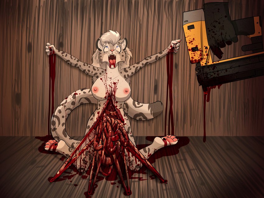 4_toes anthro areola blood blood_from_mouth blood_in_mouth blood_on_face blood_on_ground blood_pool bodily_fluids breasts corpse death disembowelment duo feet female female_death fingers fur gore gore_focus guts hair holding_object internal intestines kneeling nail_gun nailed nipples nude open_mouth organs pawpads snuff spots tail teeth toes wounded frostbite80_(artist) felid mammal pantherine snow_leopard digital_media_(artwork) hi_res