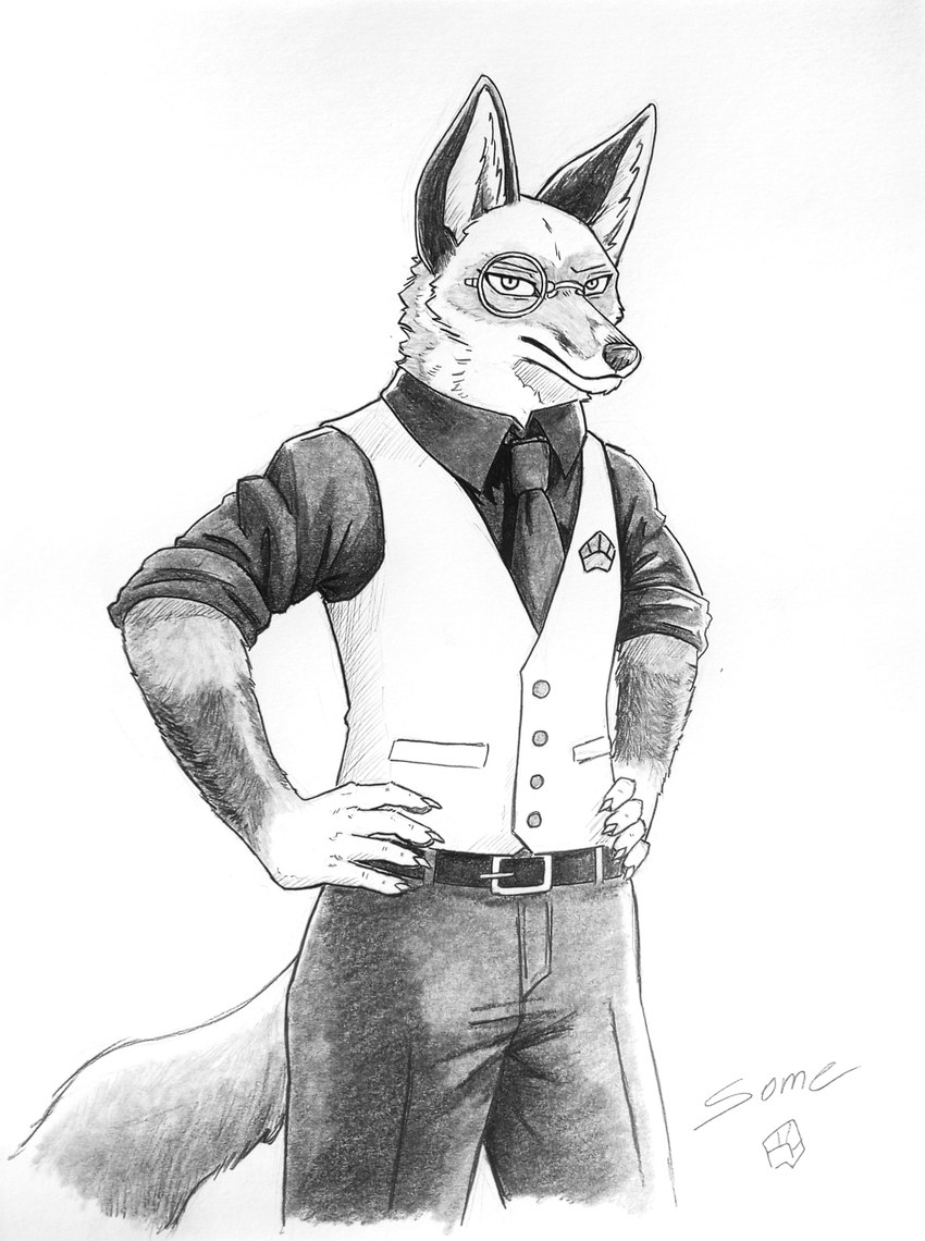 anthro belt black_body black_fur bottomwear clothed clothing eyewear fully_clothed fur hands_on_hips male monocle necktie pants shirt simple_background solo standing suit_jacket tail topwear white_background white_body white_fur some_(someone) canid canine fox mammal absurd_res graphite_(artwork) hi_res pencil_(artwork) traditional_media_(artwork)