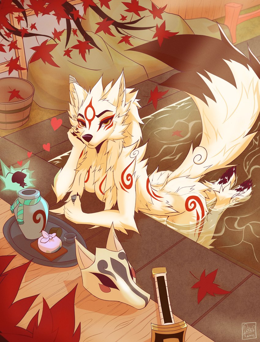 alcohol anthro anthrofied beverage black_pawpads breasts female fur heart_symbol hot_spring larger_female leaf looking_at_viewer markings mask melee_weapon nude partially_submerged pawpads red_markings sake sake_bottle size_difference solo sword water weapon white_body white_fur potatokamaos capcom clover_studio okami_(capcom) amaterasu_(okami) issun_(okami) arthropod canid canine canis deity insect mammal wolf absurd_res hi_res