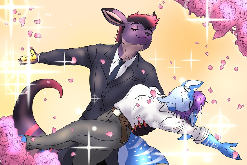 anthro big_breasts black_tie_(suit) blue_body blue_skin breasts clothing dancing duo female formal_wear hair male male/female petals pink_body pink_hair pink_skin purple_body purple_hair purple_skin rose_petals simple_background sparkles suit white_body white_skin yellow_background ketzel99 rigel_(1stsavagery) carpet_shark fish kangaroo macropod mammal marine marsupial shark whale_shark 3:2 hi_res