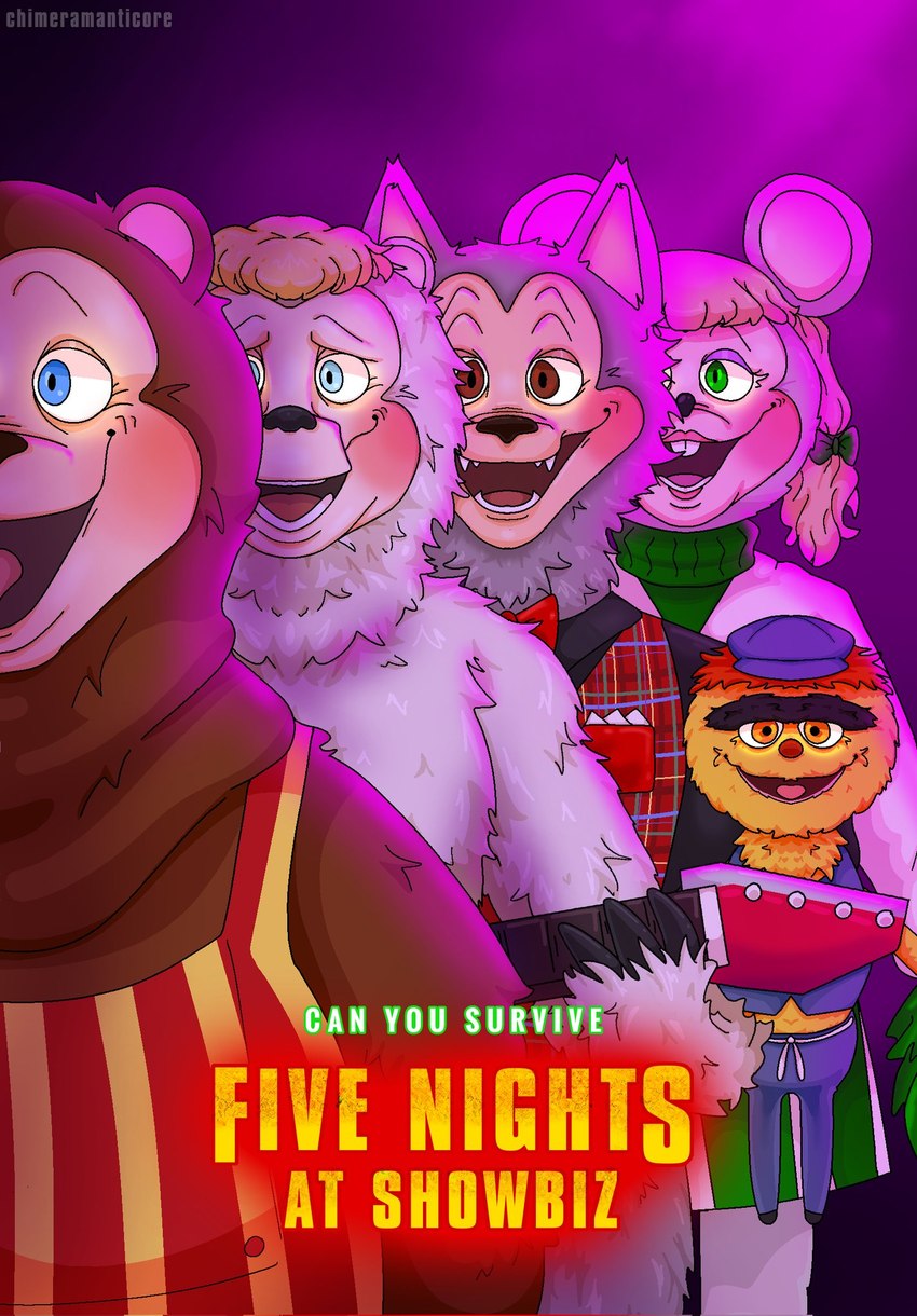 anthro brown_body brown_fur clothed clothing female fur glowing glowing_eyes group light machine male overweight overweight_anthro overweight_male parody purple_lighting simple_background solo text chimeramanticor creative_engineering_incorporated five_nights_at_freddy's five_nights_at_freddy's_(film) scottgames showbiz_pizza_place the_rock-afire_explosion universal_studios beach_bear billy_bob_brockali earl_schmerle mitzi_mozzarella rolfe_dewolfe animatronic bear brown_bear canid canine canis grizzly_bear mammal mouse murid murine polar_bear robot rodent ursine wolf 2023 crossover digital_media_(artwork) english_text hi_res lighting