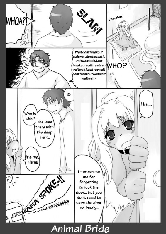 animal_bride anthro blush bodily_fluids collar dialogue door duo female litter_box male sun sweat sweatdrop tail text shinobe animal_bride_1 canid canine canis domestic_dog human mammal comic english_text greyscale hi_res monochrome translated