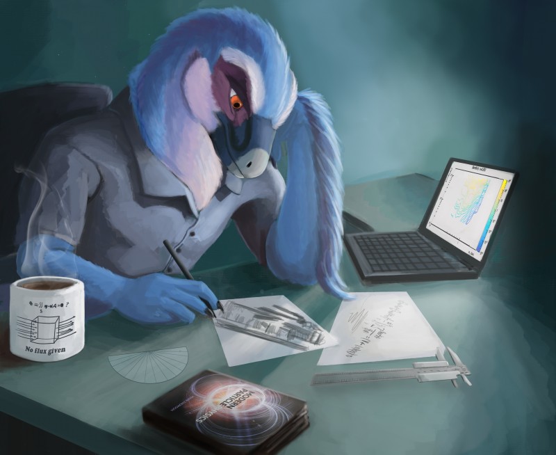 anthro beak beverage biped blue_body blue_feathers claws clothed clothing coffee computer container cup electronics feathers laptop male physics red_eyes science sitting solo studying text winged_arms wings working phinja dakotaraptor dinosaur dromaeosaurid prehistoric_species reptile scalie theropod velociraptor 2018 absurd_res digital_media_(artwork) english_text hi_res