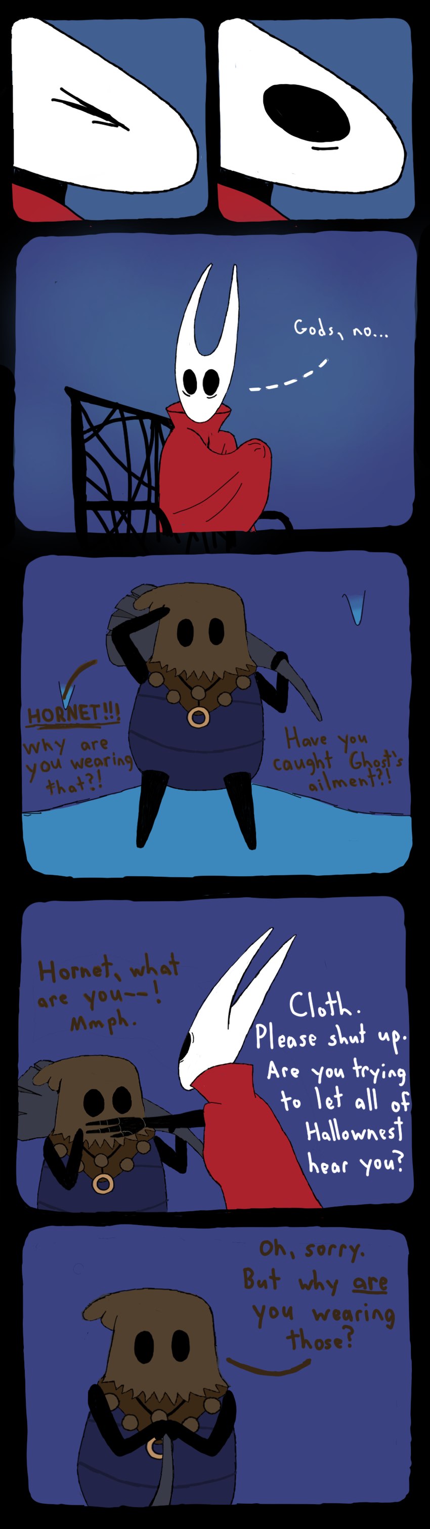 anthro caught_in_the_act clothed clothing duo embarrassed female simple_background text topwear soiledvessels hollow_knight team_cherry cloth_(hollow_knight) hornet_(hollow_knight) arthropod insect absurd_res digital_media_(artwork) english_text hi_res